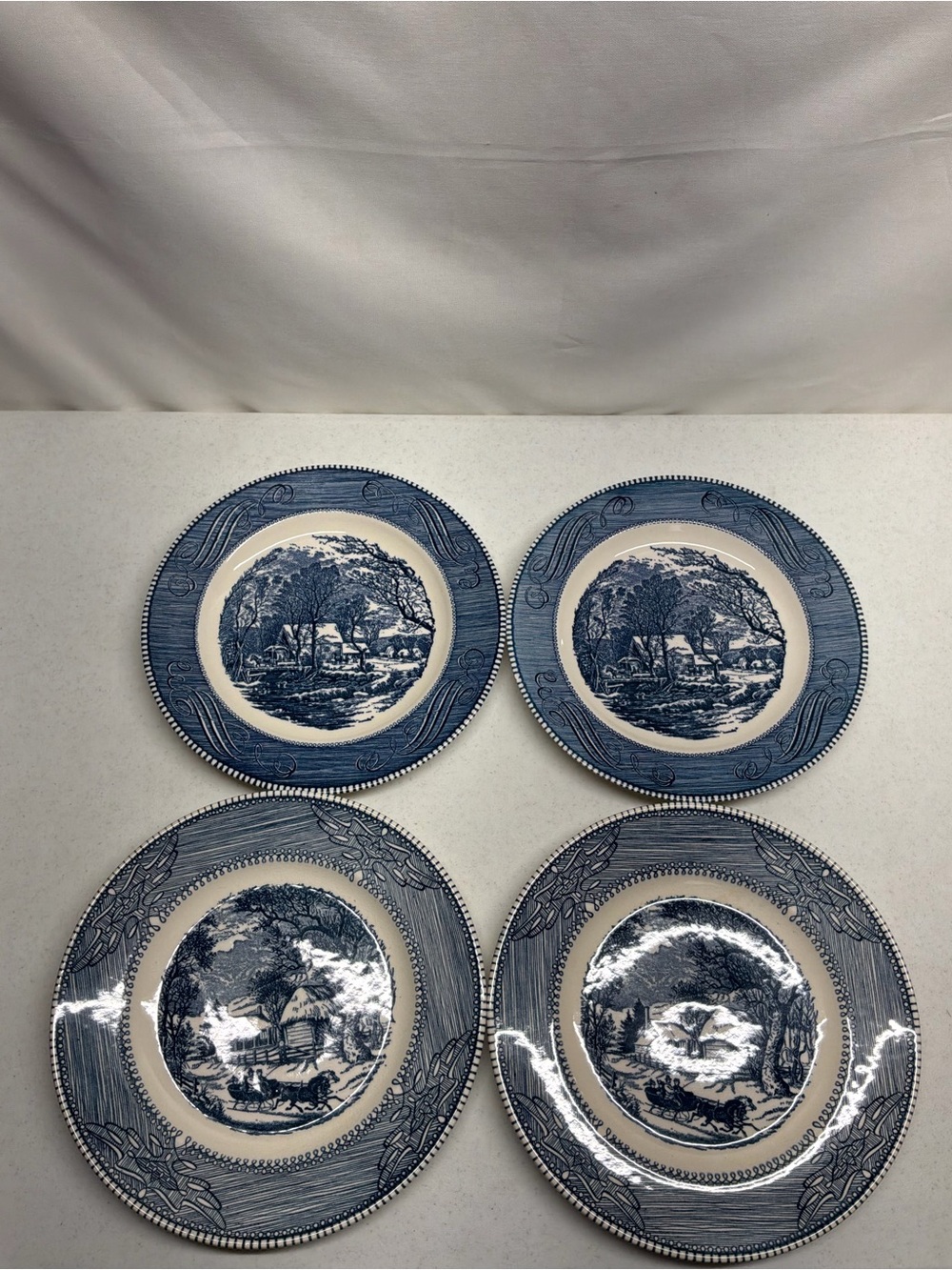 Currier and Ives Blue and White Scenic Transferware Dinner Plates - Set of 4